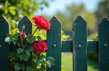 Fototapeta premium Red garden roses bloom on green wooden fence. Lush green leaves and buds grow near weathered planks. Sunlight filters through soft green foliage creating natural beauty.