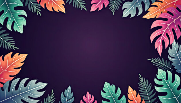 A vibrant illustration of colorful tropical leaves frames a dark purple space, perfect for a modern desktop background wallpaper.