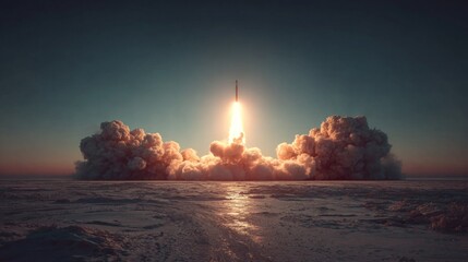 Advanced trajectories: the launch of an intercontinental arsenal. Pure reality. Missile ascension at dusk: a subtle shift in evening's hue. Breaking news. Simple life.