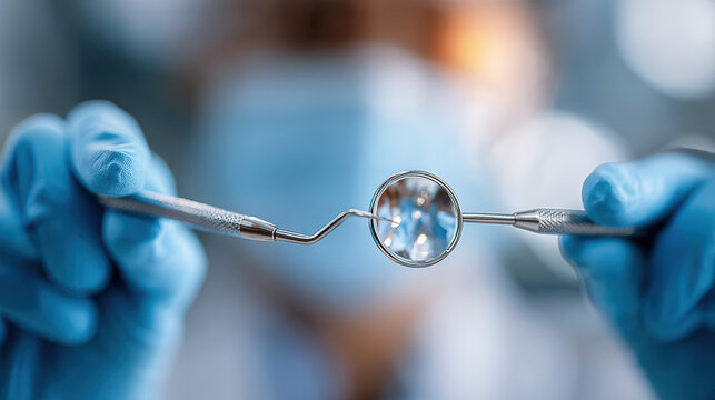 Dentists gloves holding dental mirror and explorer tools for oral examination in clinic with blurred background