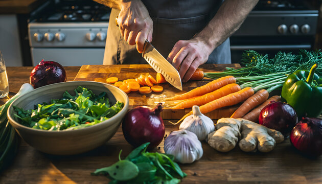 Man Preparing Fresh Vegetables on Wooden Kitchen Counter
