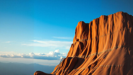 Large rock formation in the middle of a desert under a blue sky.