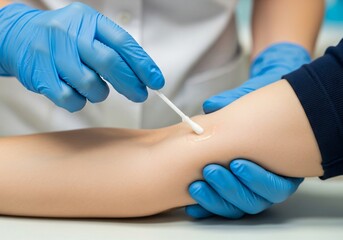 Disinfecting skin before injection with antiseptic swab and gloves, medical procedure