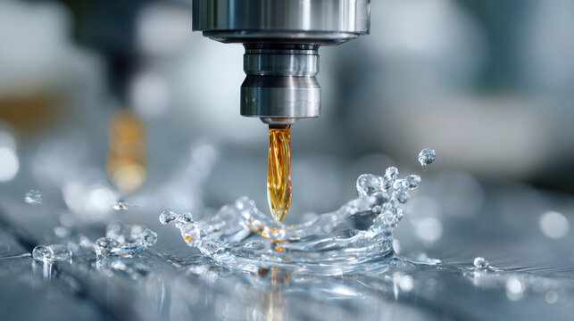 Precision machining tool cutting metal with coolant splash, showcasing industrial manufacturing process and engineering