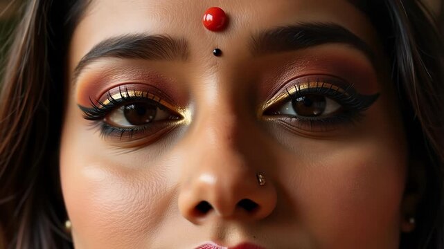 Extreme close-up of a beautiful Indian woman's eyes with stunning gold glitter makeup, winged eyeliner, and traditional red bindi. Glamorous beauty portrait highlighting cultural elegance