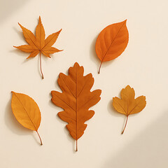Fototapeta premium Arrangement of autumn leaves in warm colors on neutral background 