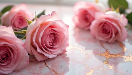 Obraz premium Several pink roses rest on a pink marble surface with gold veining. Delicate petals unfurl, hinting at beauty and romance. The blossoms create a soft, elegant atmosphere for any floral design.