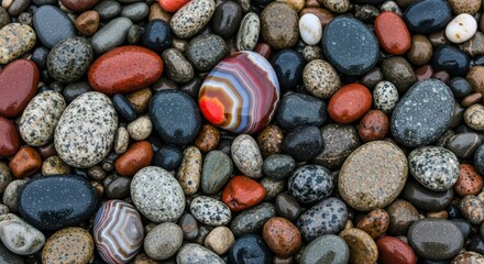 Colorful assorted smooth stones on natural pebble beach surface