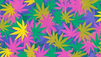 Pattern of colorful abstract leaves on dark background. Leaf shapes in vivid colors like red, green, blue, and orange. Energetic, dynamic composition evokes natural theme. Neural network AI generated