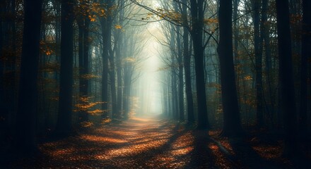 Naklejka premium Sunlight streams through a dense forest path illuminating autumn leaves on the ground