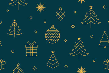 Merry Christmas and New Year celebration with a tree, gifts, and snow decoration pattern vector illustration