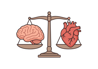 human brain and heart forming balanced scale emotional logic harmony and intelligence metaphor flat vector illustration style isolated on white background