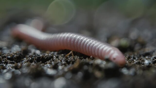 A close-up photograph of a millipede crawling on the ground. It is an interesting shot to capture a segmented worm in its natural habitat