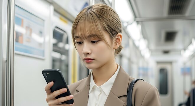 Young woman in a blazer using her phone on a train with a neutral expression shown