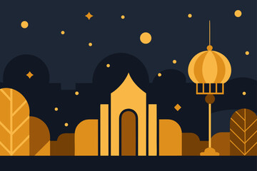 A spooky Halloween vector illustration of a dark night city landscape with haunted house silhouettes under a starry sky