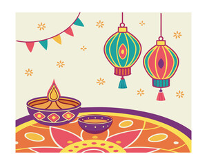Colorful Diwali Festival Vector with Lamps and Rangoli