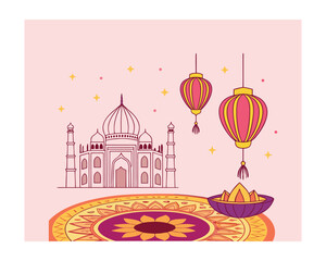 Colorful Diwali Festival Vector with Lamps and Rangoli