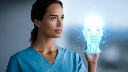A smiling woman in medical uniform uses a virtual interface to analyze a glowing holographic face, representing AI in healthcare. Futuristic technology and digital diagnostics are highlighted - Powered by Adobe