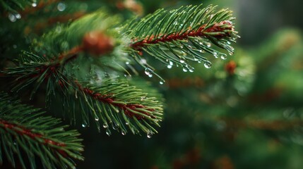 Fototapeta premium Raindrops glisten on pine tree branches in a forest setting