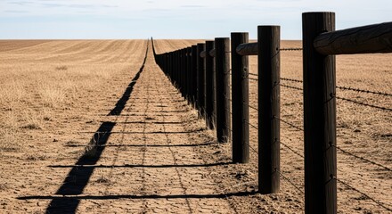 Fototapeta premium Endless fenced pathway through arid desert landscape with wooden posts and barbed wire