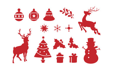 Christmas red silhouette set, Festive holiday symbol icons, Reindeer and tree vector pack