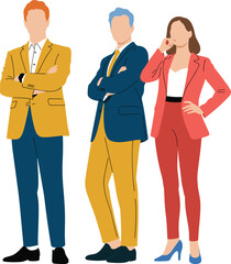 Business team illustration, professional attire, corporate fashion, confident pose, teamwork, office style, modern, diversity, leadership, partnership, career, success, collaboration, concept, design