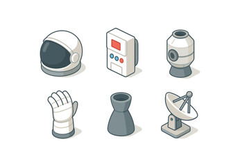 isometric icon items isolated on white background astronaut helmet visor astronaut life support pack astronaut spacecraft module astronaut glove pressurizer astronaut thruster nozzle