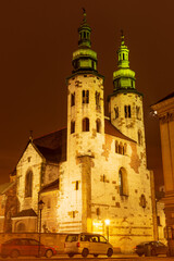 Illuminated historic XI century St  Andrew fortress church in Krakow, Poland