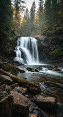 Fototapeta premium Dynamic river cascades over jagged rocks, creating a powerful, mesmerizing waterfall in a serene natural forest landscape ,hydro ,nature ,forest