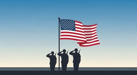 Naklejka premium Silhouette of soldiers saluting the American flag, representing patriotism and honor.