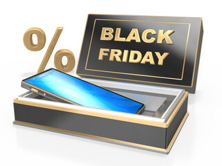 3d schwarze Box, Schachtel mit Smartphone Für Verkauf zum Black Friday mit Prozentzeichen, auf transparenten Hintergrund