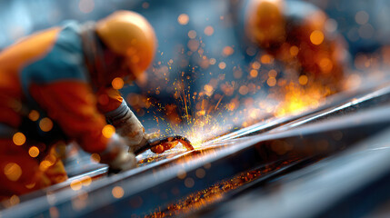 Industrial worker welding metal with sparks flying, wearing protective gear and helmet in workshop environment