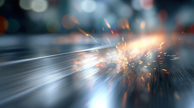 Metal fabrication sparks flying on shiny steel surface with blurred background and glowing light