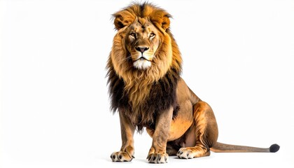 Fototapeta premium A full-body male lion with a dark mane and lighter fur sits facing forward against a clean white background, exuding strength, majesty, and calm authority in a bold, minimalist composition.