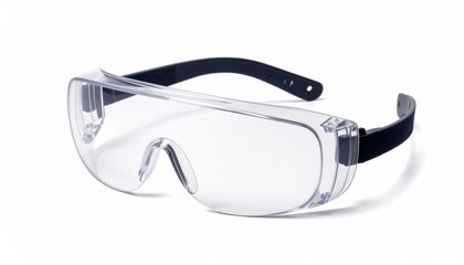 Clear safety goggles with a wraparound design and blue adjustable strap, placed against a clean background, showcasing protective gear for labs, workshops, or hazardous environments.v