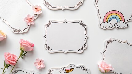 delicate floral frames and blank labels, create a harmonious and charming arrangement. Pastel blooms and decorative frames surround pristine blank spaces, evoking a sense of creativity and invitation