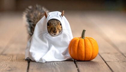 A squirrel dressed in a ghost costume made from white cloth with black eye holes, sitting beside a small orange pumpkin on a wooden floor, evoking a humorous and festive Halloween scene.