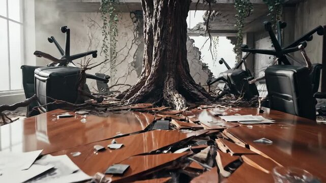 In an abandoned office, a huge tree emerges through the walls, surrounded by broken furniture and scattered papers. Nature takes over, creating a striking contrast with the man-made environment.