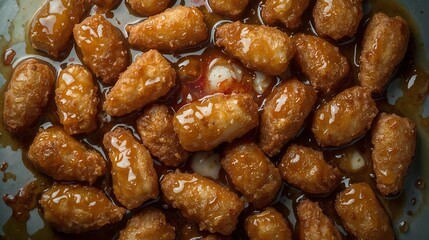 Obraz premium a delicious close-up of sweet and sour chicken. The chicken pieces are coated in a glossy sauce, arranged in a visually appealing composition, making it a tempting culinary experience