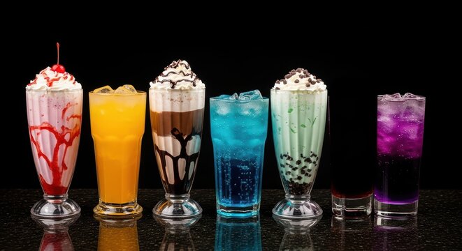 Colorful assortment of milkshakes and refreshing mocktails on black background
