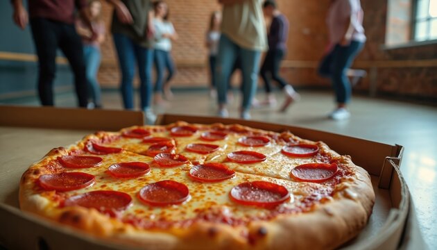 Young people in dance studio share pepperoni pizza. Friends eat together indoors after practice. Teens relax enjoy food, fun activity, togetherness. Youthful group shares meal break.