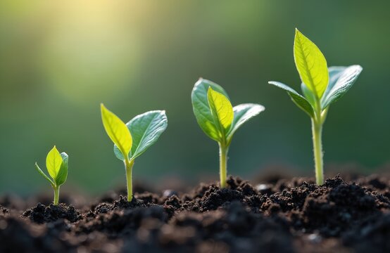 Four small green plants grow in dark soil. Tiny seedlings sprout from earth in sequence. Sunlight shines on growing sprouts, showing plant life cycle.