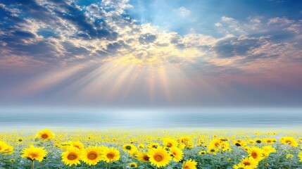 Sunflower field sunrise coastal landscape nature photography bright environment scenic view serene concept for seo impact