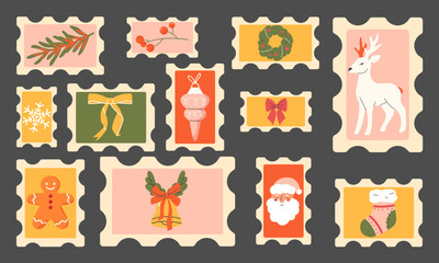 Collection of vintage hand drawn Christmas postage stamps. Postage stickers for Christmas and the winter holidays. Vector illustration. Vector illustration