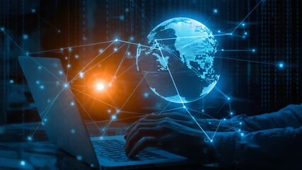 Person Typing on Laptop with Digital Globe and Network Connections Overlay technology hands - Powered by Adobe
