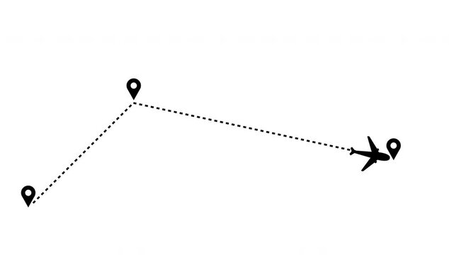 Airplane dashed lines path with start point and end point dash line trace. Flight route with start point and end point dash line trace, with alpha chanel 4K animation