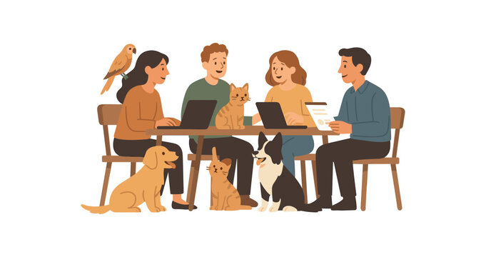 pet friendly coworking caf animals interacting and collaborative work vibe flat vector illustration style isolated on white background
