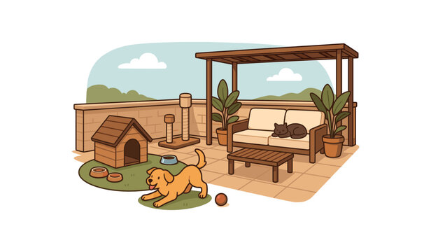 pet friendly rooftop terrace with pet play corner and relaxation zone flat vector illustration style isolated on white background