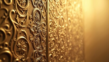 Ornate golden arabesque design adorns surface with intricate floral patterns. Luxurious decorative detail opulent aesthetic. Texture creates depth for backdrop. Elegant ornamental design for