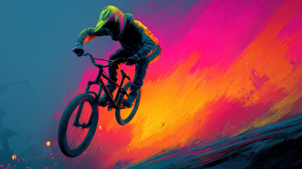 Dynamic outdoor cyclist performing stunt on mountainbike in vibrant scenic landscape with colorful motion blur and energetic sportswear for adventure and recreation